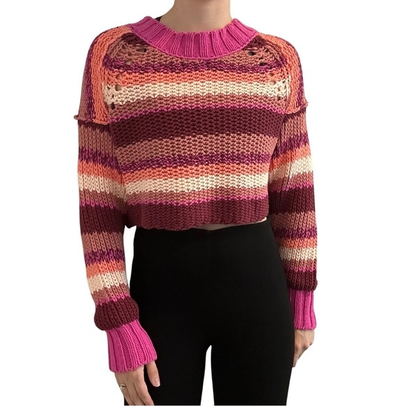 Free People Cropped Sweater Pink Knit Boho Casual Fall Indie Size Extra Small - Picture 1 of 9